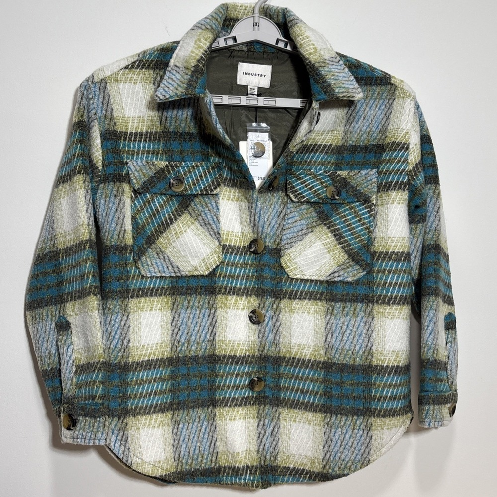 Industry Plaid Jacket Shirt Green Shacket Wool Blend Sz Medium Lined Pockets New